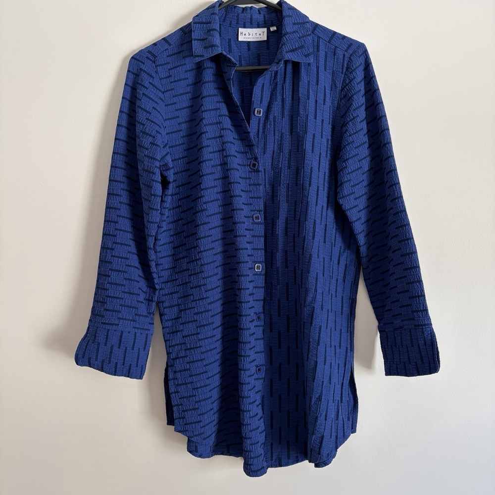 Habitat Clothes To Live In Blue Black Button Up Blouse Top Long‎ Sleeve XS